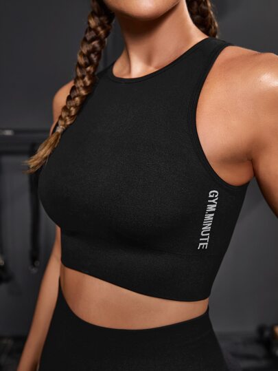 Powerista ملابس علوية رياضية قصيرة مع طباعة أحرف، ملابس علوية صيفي مناسب للتمارين الرياضية