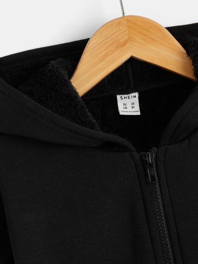 SHEIN جاكيت صبي مبطن بالدب الفتات مع سحاب وغطاء رأس