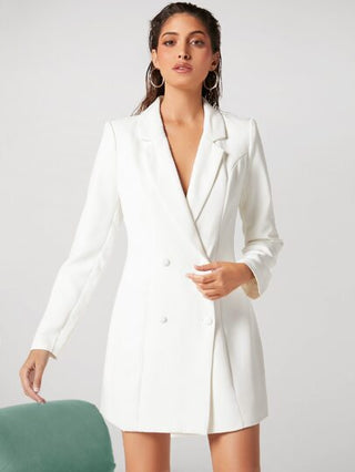 BIZwear بدلة جاكيت إمرأة أنيقة مطوية الصدر، بزي عمل أنيق لارتداء المكتب، بأكمام طويلة للخريف