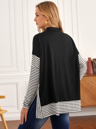 MaterniWear تي شيرت أمومة بياقة مزيفة مخطط ملون بأكمام طويلة