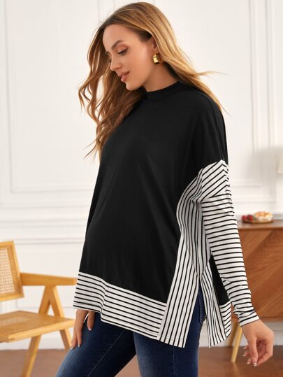 MaterniWear تي شيرت أمومة بياقة مزيفة مخطط ملون بأكمام طويلة
