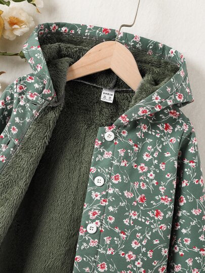 Elladie kids معطف بغطاء رأس مبطن بالدبابيس بنقشة زهور لفتاة صغيرة