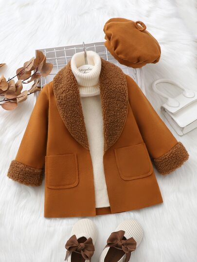 SHEIN Elladie kids معطف أمامي مفتوح للطفلة مع ياقة بورغ وجيوب مزدوجة وقبعة بدون سترة صوفية