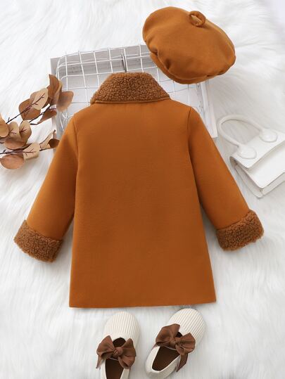 SHEIN Elladie kids معطف أمامي مفتوح للطفلة مع ياقة بورغ وجيوب مزدوجة وقبعة بدون سترة صوفية