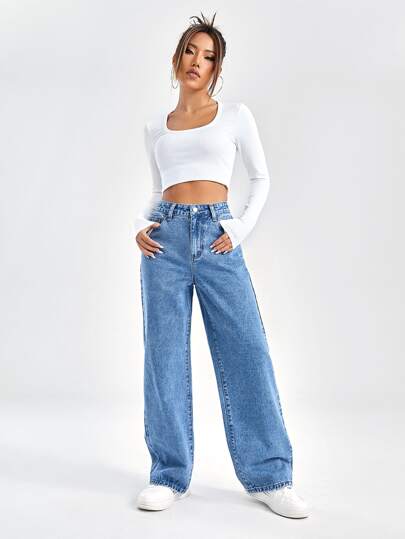 EZwear بنطلون جينز بويفريند جيب مائل خصر عالي