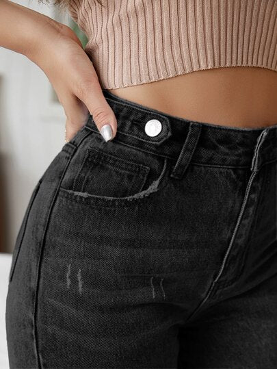 SHEIN Essnce بنطلون جينز ام خصر عالي خدش قط