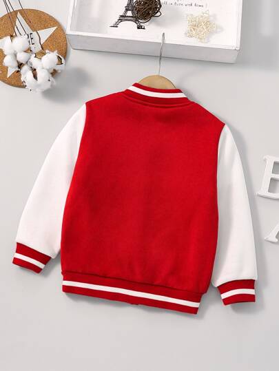 SHEIN جاكيت بيسبول شتوي بألوان مختلفة مزين برقع مطرزة على القماش العادي ذو الحواف المضلعة وأطراف الكم والحافة، مناسب لفصل الخريف والشتاء وللأنشطة الخارجية والمدرسية، عصري ومتعدد الاستخدامات