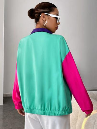 EZwear الربيع الزي كتلة اللون انخفاض الكتف زيبر سترة