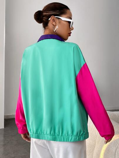 EZwear الربيع الزي كتلة اللون انخفاض الكتف زيبر سترة
