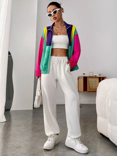 EZwear الربيع الزي كتلة اللون انخفاض الكتف زيبر سترة