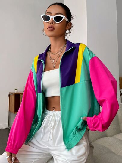 EZwear الربيع الزي كتلة اللون انخفاض الكتف زيبر سترة