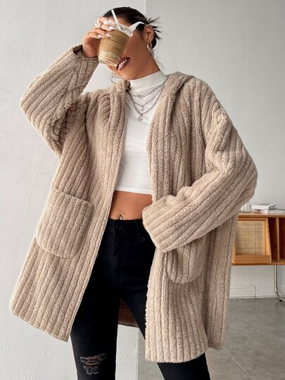 EZwear معطف مقنع منخفض الاكتاف جيب مرقع
