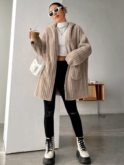 EZwear معطف مقنع منخفض الاكتاف جيب مرقع