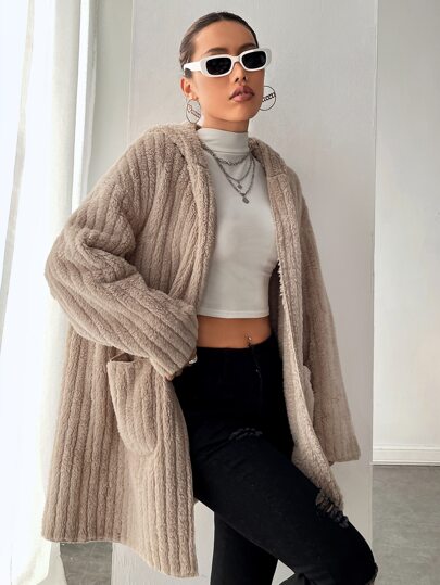 EZwear معطف مقنع منخفض الاكتاف جيب مرقع