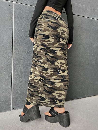EZwear تنورة ذات خصر بسحاب مطبوع بطبعة الكامو، ملابس رمضان