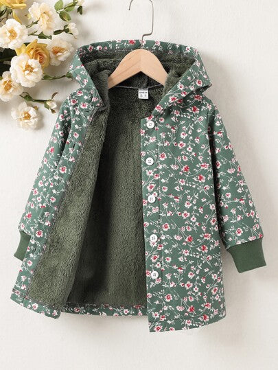 Elladie kids معطف بغطاء رأس مبطن بالدبابيس بنقشة زهور لفتاة صغيرة