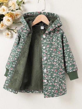Elladie kids معطف بغطاء رأس مبطن بالدبابيس بنقشة زهور لفتاة صغيرة