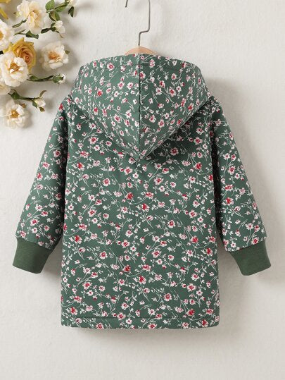 Elladie kids معطف بغطاء رأس مبطن بالدبابيس بنقشة زهور لفتاة صغيرة