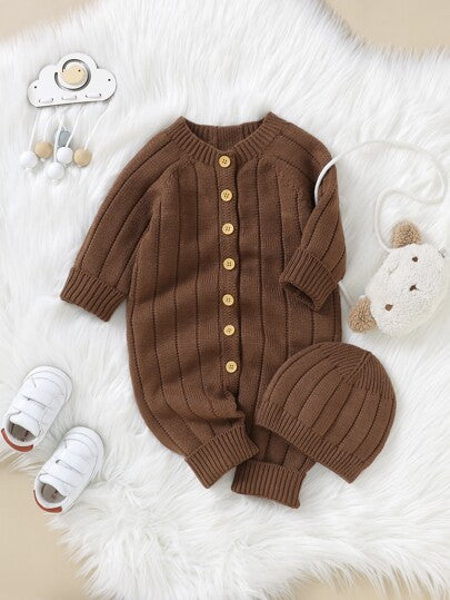 SHEIN Vintaside Kids جمبسوت حياكة للاولاد الاطفال أزرار أمامية اكمام راجلان & قبعة