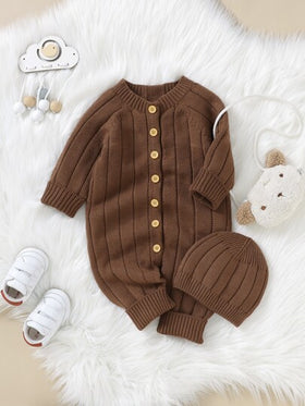 SHEIN Vintaside Kids جمبسوت حياكة للاولاد الاطفال أزرار أمامية اكمام راجلان & قبعة