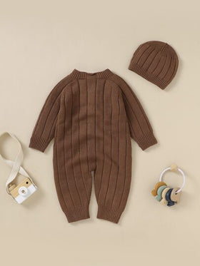 SHEIN Vintaside Kids جمبسوت حياكة للاولاد الاطفال أزرار أمامية اكمام راجلان & قبعة
