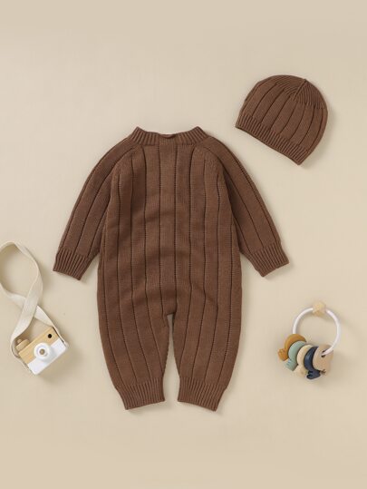 SHEIN Vintaside Kids جمبسوت حياكة للاولاد الاطفال أزرار أمامية اكمام راجلان & قبعة