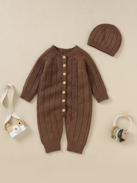 SHEIN Vintaside Kids جمبسوت حياكة للاولاد الاطفال أزرار أمامية اكمام راجلان & قبعة