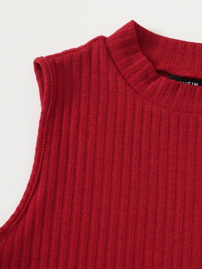 EZwear لباس علوي تانك محبوك مضلع قصير وبلون موحد