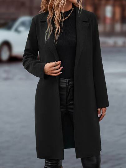 SHEIN LUNE معطف بياقة مطوي مسنن جيب مائل مفتوح امامي حزام