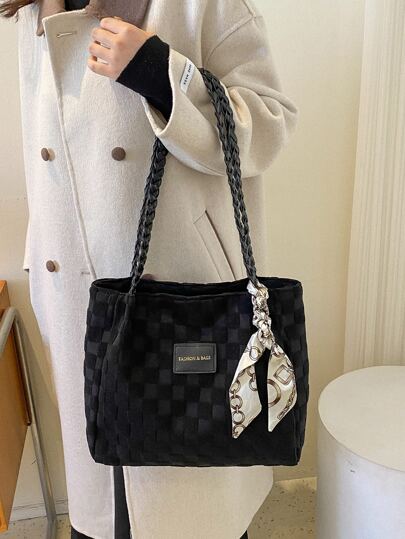 حقيبة كروس بتصميم ضفيرة سعة كبيرة بلون واحد بسيط، حقيبة كتف قشرية خفيفة الوزن بطراز الكلية بتطريز تقليدي