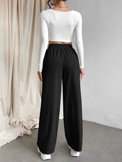 EZwear بنطلون نسائي ذو موحد اللون بجيب مائل واسع الساق وعقدة الخصر، ملابس رمضان