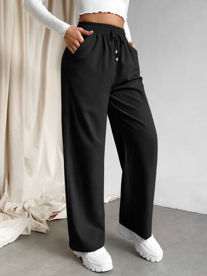 EZwear بنطلون نسائي ذو موحد اللون بجيب مائل واسع الساق وعقدة الخصر، ملابس رمضان