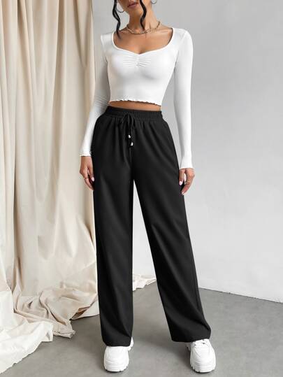 EZwear بنطلون نسائي ذو موحد اللون بجيب مائل واسع الساق وعقدة الخصر، ملابس رمضان