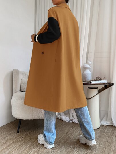 EZwear معطف خارجي مزدوج الصدر ذو أكتاف متدلية بألوان مُجزَّأة، معطف نسائي فضفاض متدلي الأكتاف مع ياقة مرملة بأزرار مزدوجة للارتداء اليومي الكاجوال في نهاية الخريف، أوفركوت نسائي ملائم للارتداء اليومي بألوان مجزأة