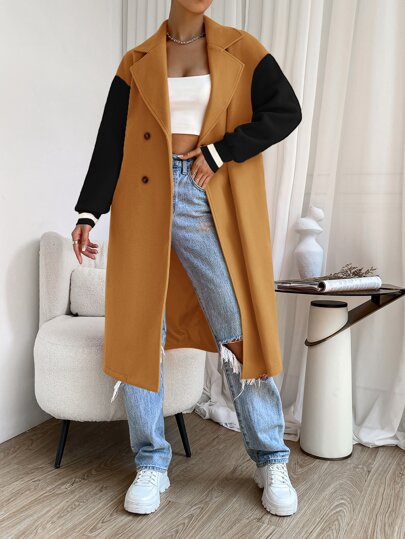 EZwear معطف خارجي مزدوج الصدر ذو أكتاف متدلية بألوان مُجزَّأة، معطف نسائي فضفاض متدلي الأكتاف مع ياقة مرملة بأزرار مزدوجة للارتداء اليومي الكاجوال في نهاية الخريف، أوفركوت نسائي ملائم للارتداء اليومي بألوان مجزأة