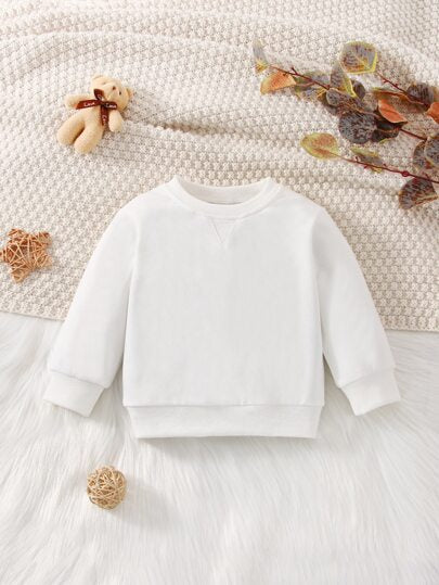 SHEIN 1 قطعة بلوزة بيضاء بياقة طاقم طويلة الأكمام للأطفال الرضع والأطفال الصغار من 6 أشهر إلى 3 سنوات، مناسبة لجميع الفصول، بسيطة وعملية