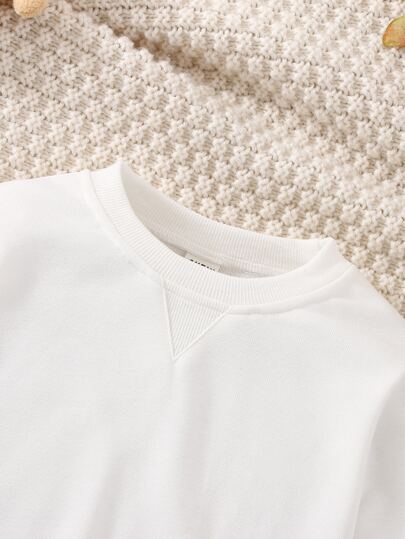 SHEIN 1 قطعة بلوزة بيضاء بياقة طاقم طويلة الأكمام للأطفال الرضع والأطفال الصغار من 6 أشهر إلى 3 سنوات، مناسبة لجميع الفصول، بسيطة وعملية