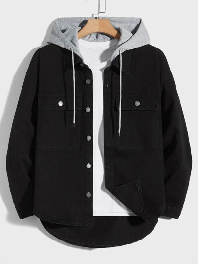Manfinity Unisex جاكيت جينز مع غطاء رأس وجيب قابل للسحب من القطن للرجال، بدون تي شيرت، أشياء للأزواج