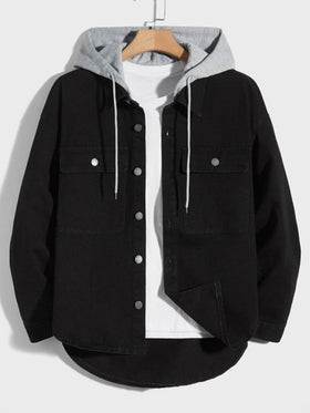 Manfinity Unisex جاكيت جينز مع غطاء رأس وجيب قابل للسحب من القطن للرجال، بدون تي شيرت، أشياء للأزواج