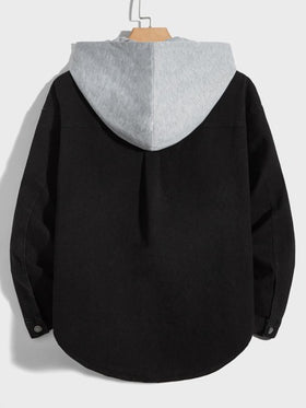 Manfinity Unisex جاكيت جينز مع غطاء رأس وجيب قابل للسحب من القطن للرجال، بدون تي شيرت، أشياء للأزواج