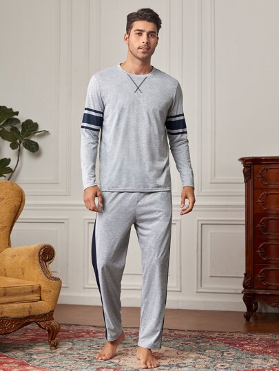 Manfinity Underwear&Sleepwear Basics طقم بيجامة للرجال مطبوع بخطوط، ملابس خريف وشتاء