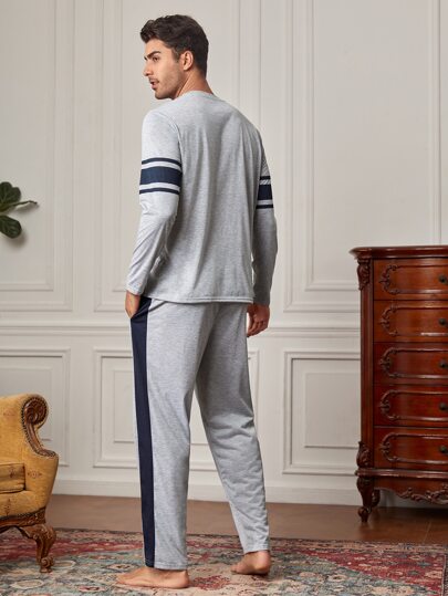 Manfinity Underwear&Sleepwear Basics طقم بيجامة للرجال مطبوع بخطوط، ملابس خريف وشتاء