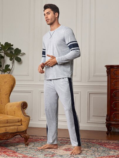 Manfinity Underwear&Sleepwear Basics طقم بيجامة للرجال مطبوع بخطوط، ملابس خريف وشتاء