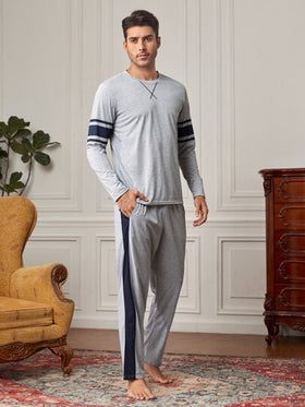 Manfinity Underwear&Sleepwear Basics طقم بيجامة للرجال مطبوع بخطوط، ملابس خريف وشتاء