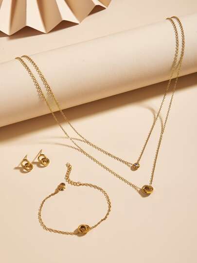 4 قطع للنساء, طقم مكون من قلادة وسوار وأقراط، مطلي بالذهب عيار 18 قيراط من الفولاذ المقاوم للصدأ، إكسسوارات مضاعفة الطبقات، مناسب لعيد الميلاد وعيد الأم وعيد الحب وليالي المواعدة والرقص والزفاف والأسلوب البوهيمي وأجواء الشاطئ، هدية