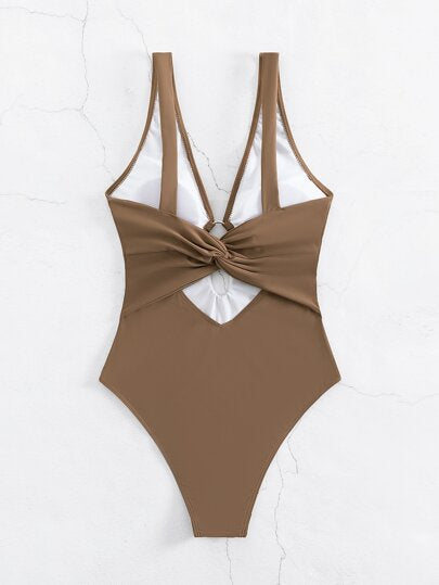 مايوه حريمي قطعة واحدة Swim Basics ملابس سباحة من قطعة واحدة بربطات حلقية للشاطئ الصيفي مع فتحة عميقة