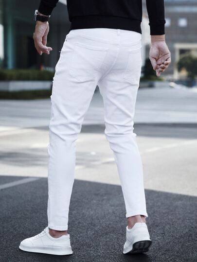 Manfinity LEGND جينز رجالي ضيق ممزق من القطن، بنطلون جينز طويل مغسول باللون الفاتح، بسيط، بيضاء كاملة، مكتبية أساسية، زوج