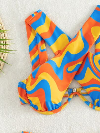 Swim متعدد الألوان طباعة موجة متقاطع حلقة معدني حمالة صدر & خصر عالي لباس قيعان 2قطع بدلة سباحة