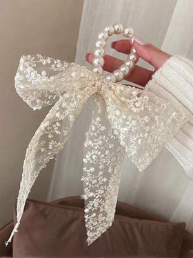 ربطة شعر مزينة بالتطريز الزهري والخرز الاصطناعي، شريط رأس أنيق بشكل فيونكة لعيد الحب، ربطات شعر مطاطية لذيل الحصان