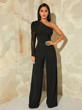 SHEIN SXY فستان صيفي طويل ذو كتف واحد بأكمام نفاثة من شبكة تباينية، فستان موكب/ حفل راقص، فستان سكسي، فستان عيد الحب